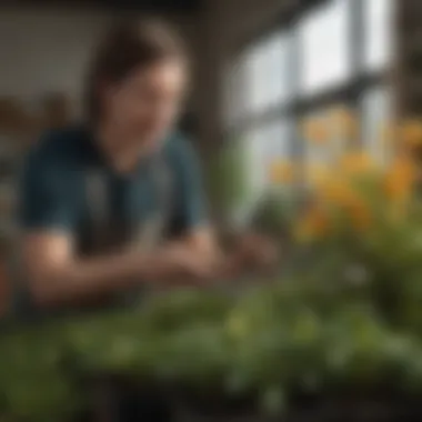 Gardener tending to honeysuckle plants with care tools