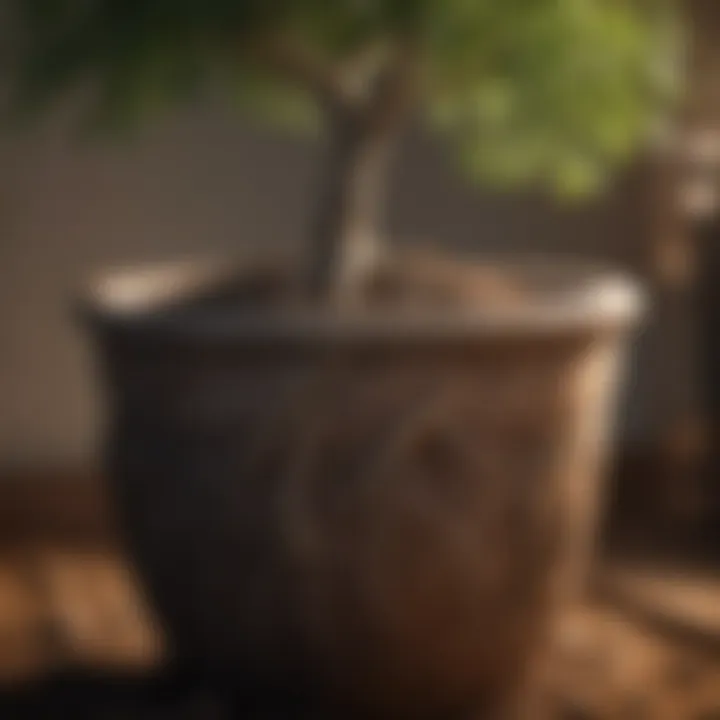 Close-up of roots visible in a potted tree