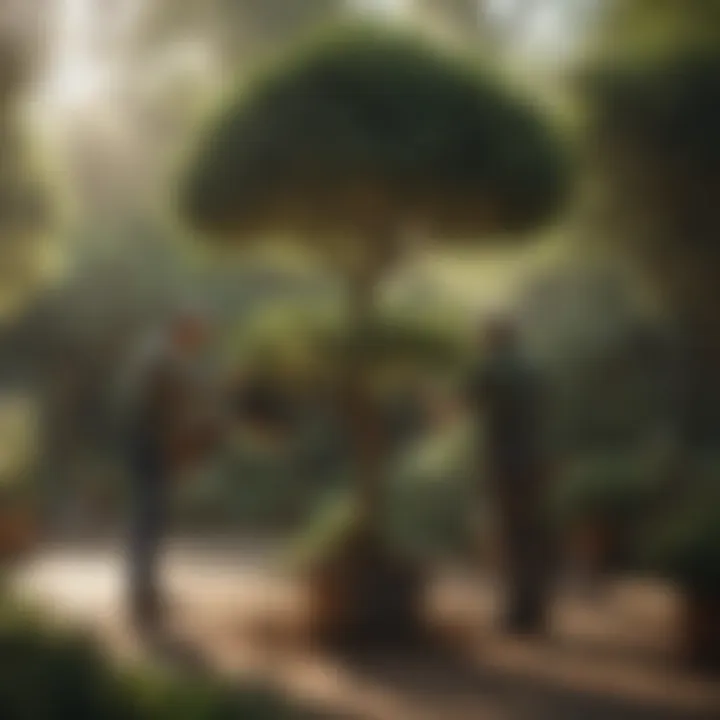 Gardener inspecting a potted tree for signs of health