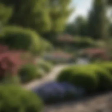 Thoughtfully Landscaped Garden with Spring Shrubs A beautifully landscaped garden featuring various spring shrubs arranged thoughtfully
