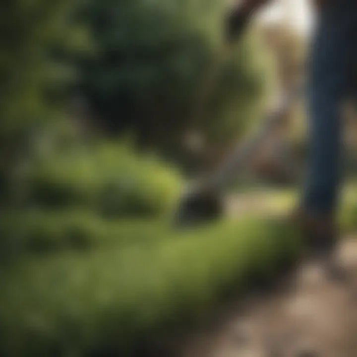 Gardener using tools to remove unwanted grass