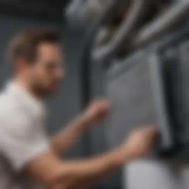 A technician examining the air filter in an AC system