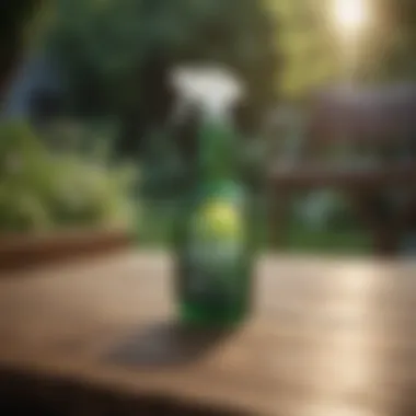 Sustainable Chemical Solutions A spray bottle with eco-friendly herbicide on a garden table