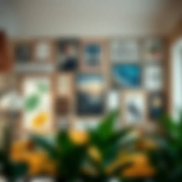 Curated Gallery Wall with Diverse Art Styles A well-curated gallery wall showcasing various art styles.