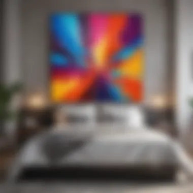 Colorful abstract painting that adds vibrancy to a master bedroom