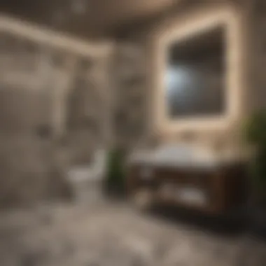Trendy bathroom with unique tile patterns and ambient lighting.