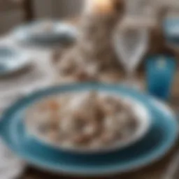 Elegant beach-inspired table setting with seashells and blue accents