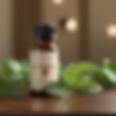 Peppermint Oil Extract Bottle of peppermint oil with natural background