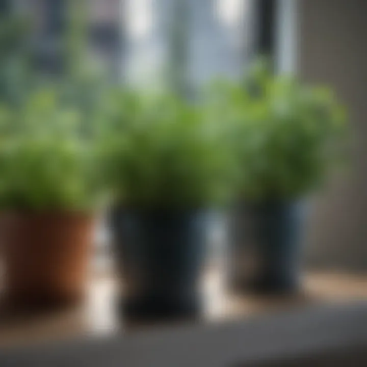 Close-up of fresh herbs and leafy greens in pots