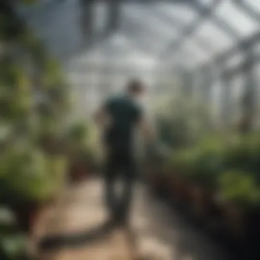 A gardener performing maintenance tasks inside a greenhouse