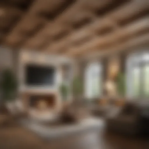 A luxurious living room featuring exquisite wooden ceiling beams with integrated lighting.