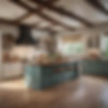 A modern kitchen showcasing sleek ceiling beams illuminated with stylish pendant lights.