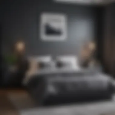 A bold and striking dark gray bedroom with minimalist furniture