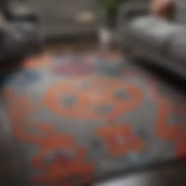 Geometric Pattern Rug with Grey Couch Colorful rug with geometric patterns enhancing grey upholstery
