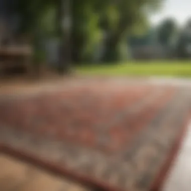 A freshly cleaned outdoor rug laid out to dry under sunlight