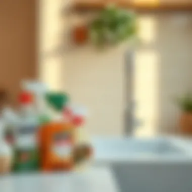 A variety of cleaning supplies arranged next to a porcelain sink