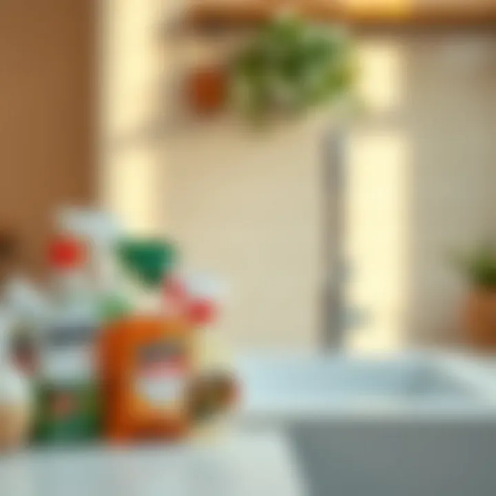 A variety of cleaning supplies arranged next to a porcelain sink