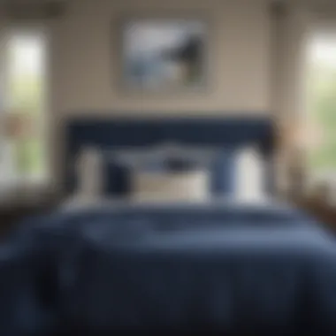 Coastal Bedroom with Navy Blue Accents Coastal bedroom interior featuring navy blue accents and natural light.