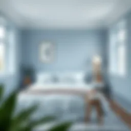 A serene small bedroom featuring a soft blue color palette that enhances the feeling of space