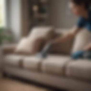 A person using a vacuum cleaner on couch cushions