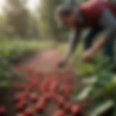 Fertilizer Application in Strawberry Patch Gardener applying fertilizer in a strawberry patch during spring