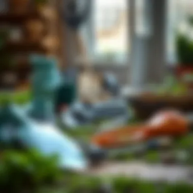 Garden tools laid out for lawn planting