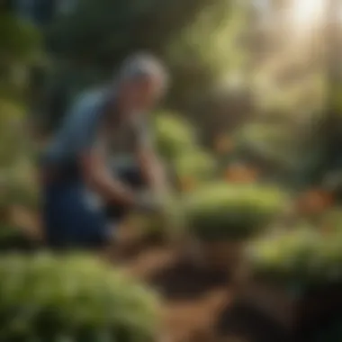 A gardener tending to a flourishing bed of annual plants in bright sunlight.