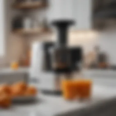 A well-organized kitchen space featuring a countertop juicer in use