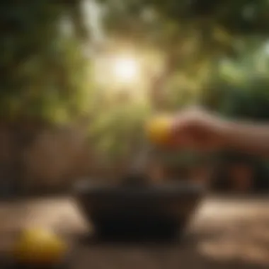 Nourishing with Organic Fertilizer Organic fertilizer being applied to a lemon tree