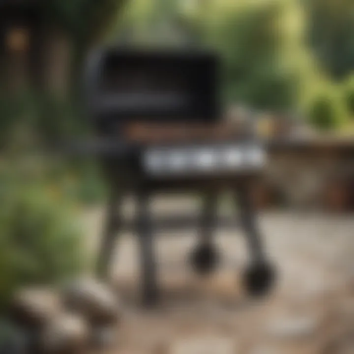 A spacious outdoor setting featuring a grill in action