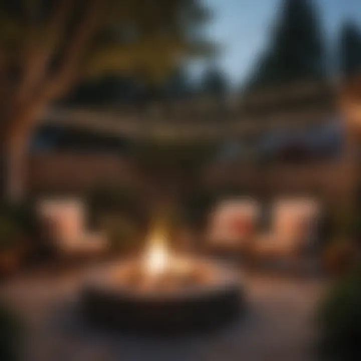 Cozy backyard setting with firepit and string lights