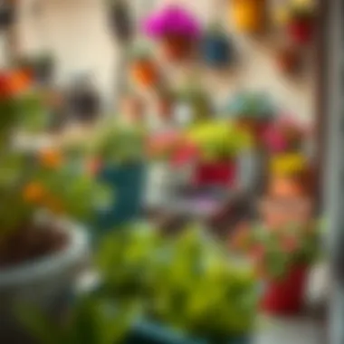 A balcony garden featuring an array of colorful pots and plants