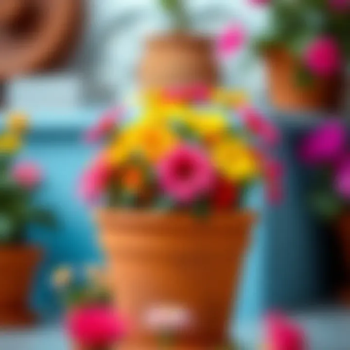A close-up of a terracotta pot with vibrant flowers thriving inside