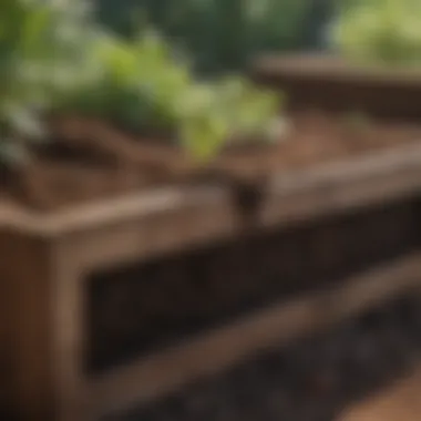 Close-up of rich soil being layered into a raised bed, emphasizing soil management techniques