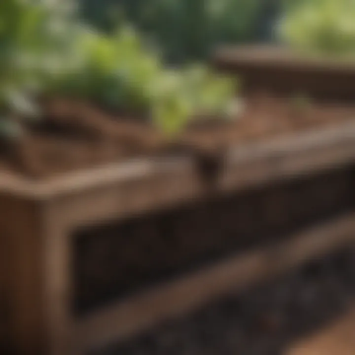 Close-up of rich soil being layered into a raised bed, emphasizing soil management techniques