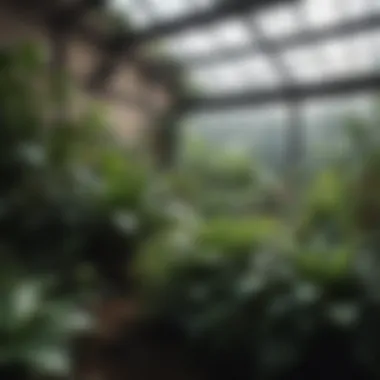 Lush Growth Inside the Hothouse A close-up view of the interior of a hothouse with thriving plants