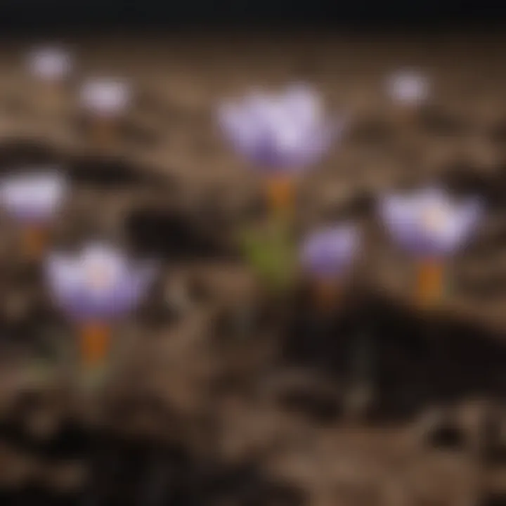 Close-up of crocus bulbs in soil