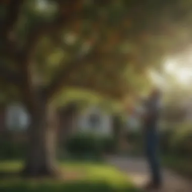 Gardener inspecting a healthy fruit tree in a small yard