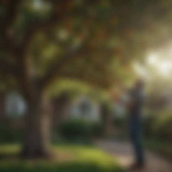 Gardener inspecting a healthy fruit tree in a small yard