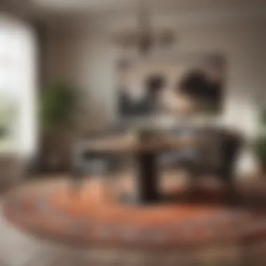 Complementary Dining Area Design An interior design layout featuring a round dining table and a rectangular rug complementing each other.