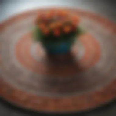 Design Details: Centerpiece and Contrast A close-up of a round table centerpiece on a rectangular rug showcasing texture and color.