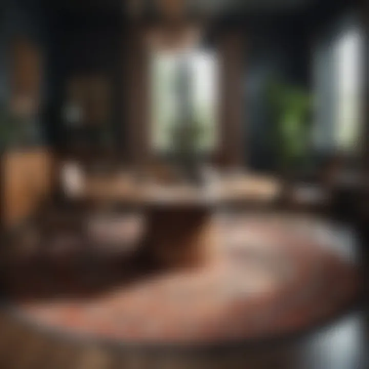 A well-styled room highlighting the interplay of a round table with a patterned rectangular rug.
