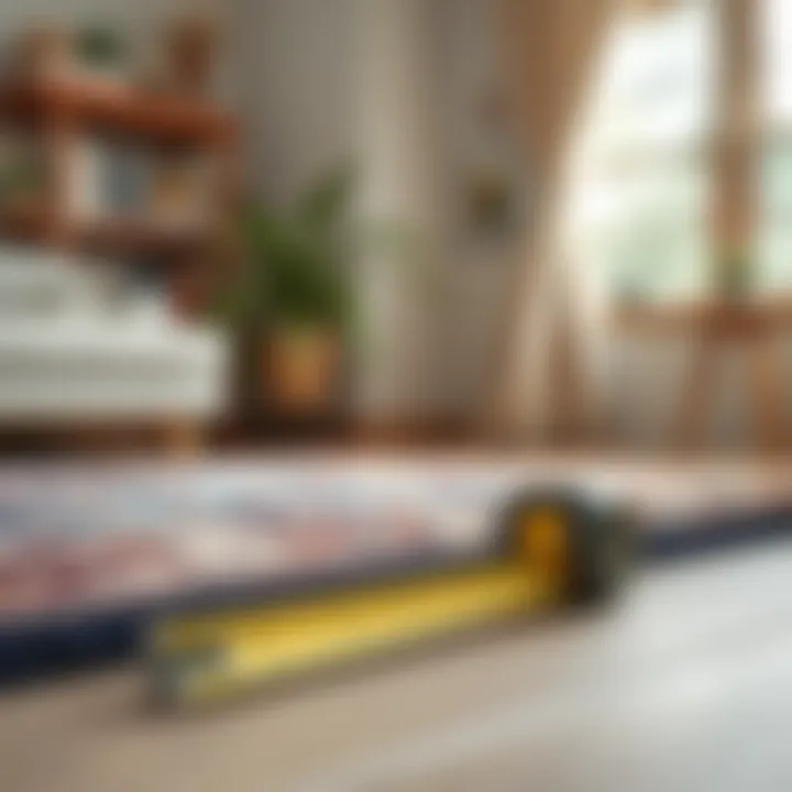 Measuring Tape for Area Rug Sizing Measuring tape on a floor for accurate rug size assessment