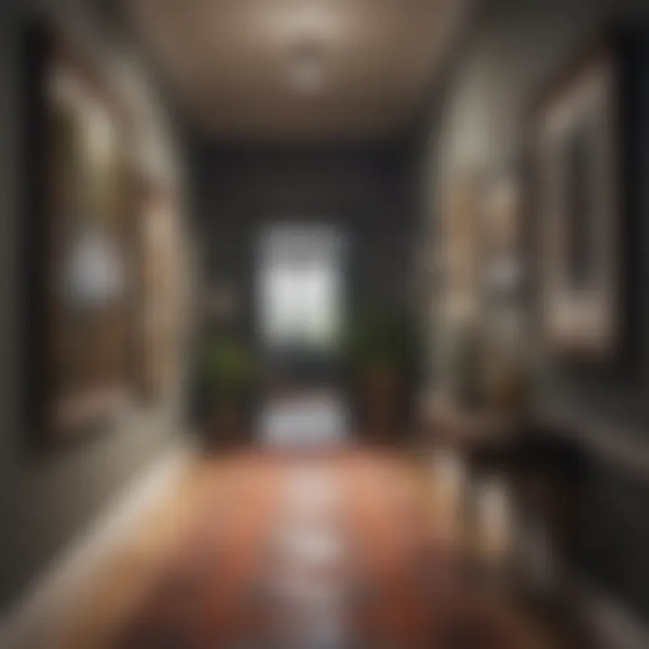 An eclectic hallway showcasing various art pieces of different sizes