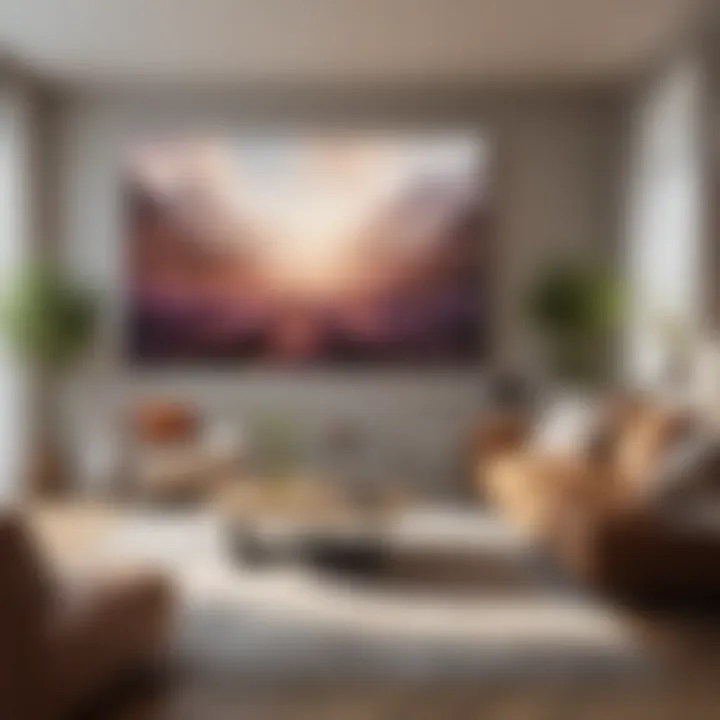 A spacious living room with a large abstract painting on the wall