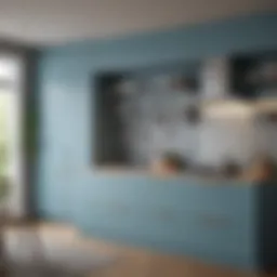 Elegant kitchen featuring soft blue cabinets