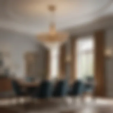 Example of a dining room with varying ceiling heights and chandelier designs