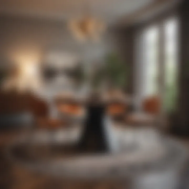 Contemporary dining area with a round table and stylish circular rug