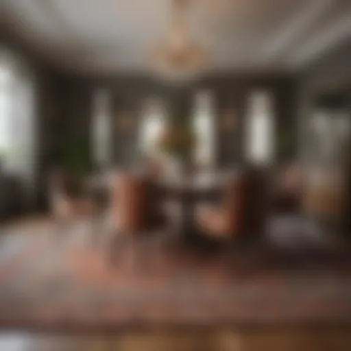Elegant dining room showcasing a beautifully set table on a patterned rug