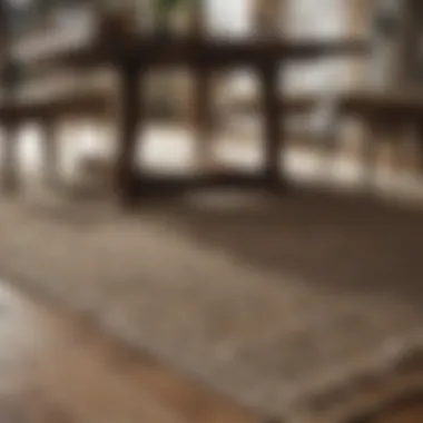 Textural Contrast Close-up of a textured rug beneath a rustic dining table